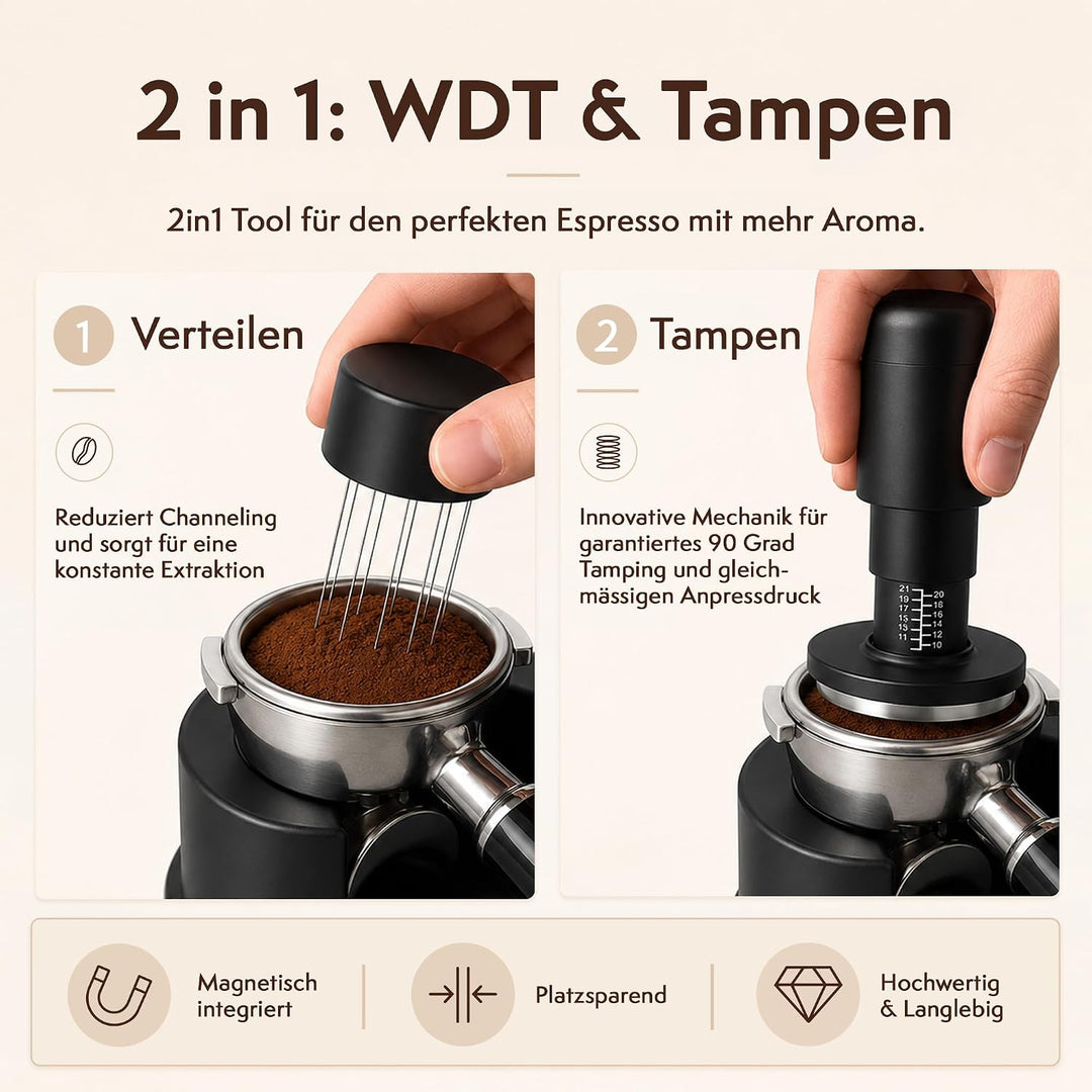 2-in-1 Espresso Tamper 58 mm mit WDT Tool – Kalibrierter 30-lb Tamper &amp; 12-Nadel Espresso-Nadelverte