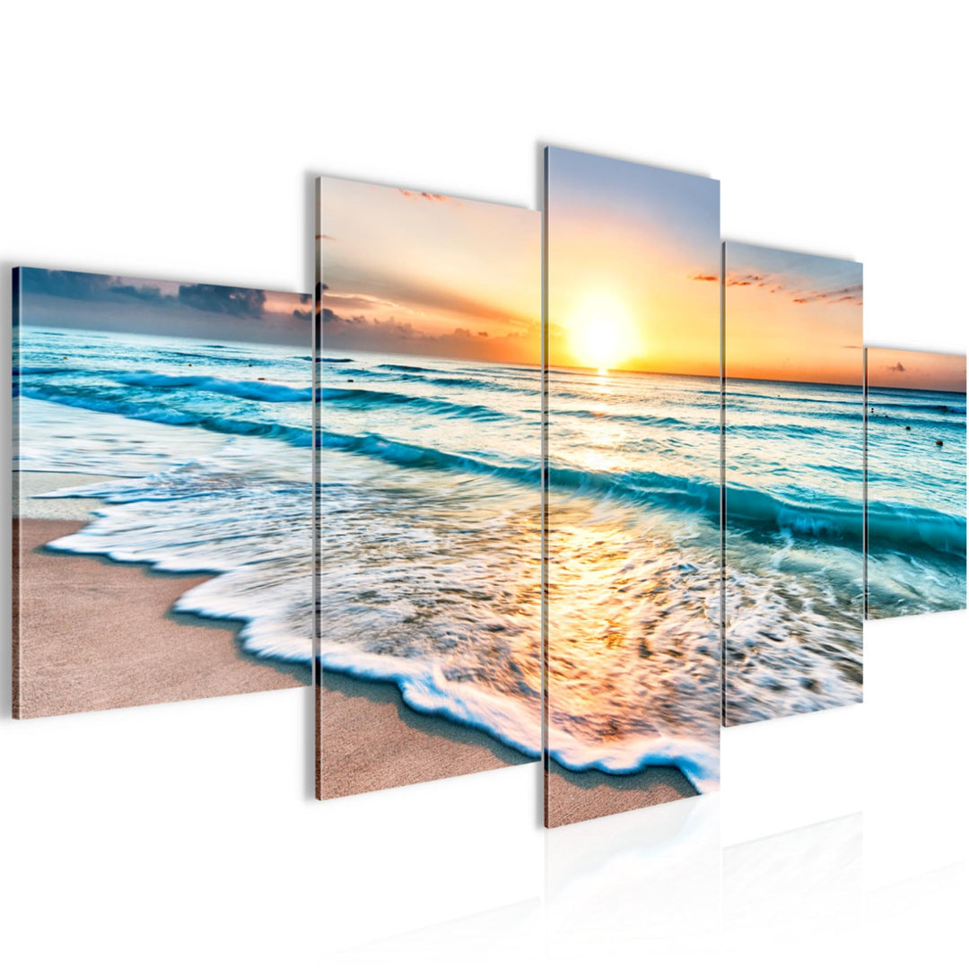 Runa Art Wandbilder Sonnenuntergang Strand 5 Teilig Bild auf Vlies Leinwand Deko Schlafzimmer Wohnzi