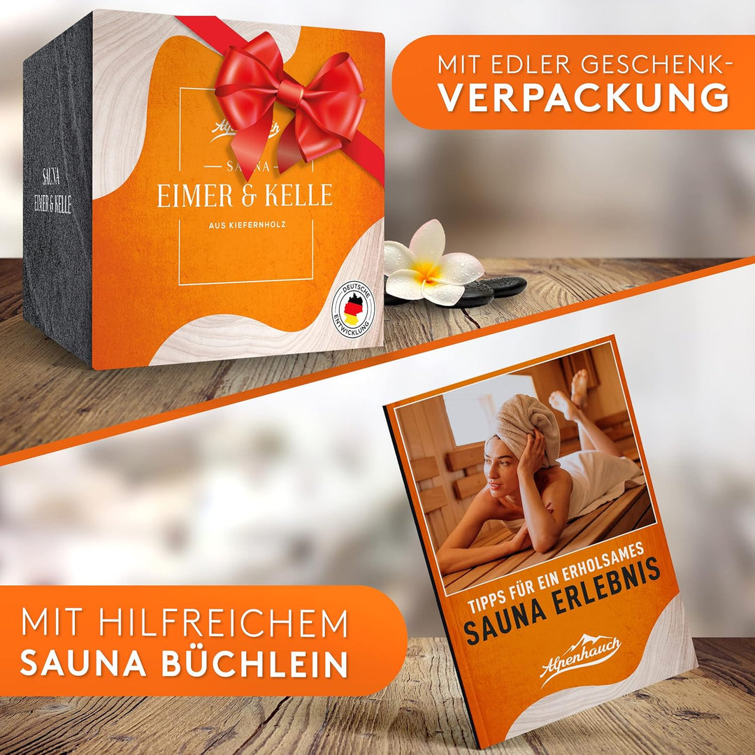 ALPENHAUCH Sauna Eimer mit Kelle [100% Naturholz] - Edler Saunakübel mit komfortablem Hanftrageseil