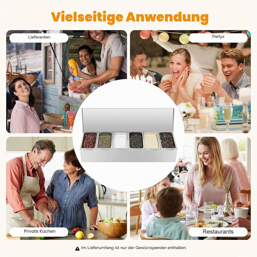 Gewürzbox 6 Gitter X 450ml Edelstahl, Zutatenbehälter | Beilagenbehälter | Pizza Zutatenbehälter | T
