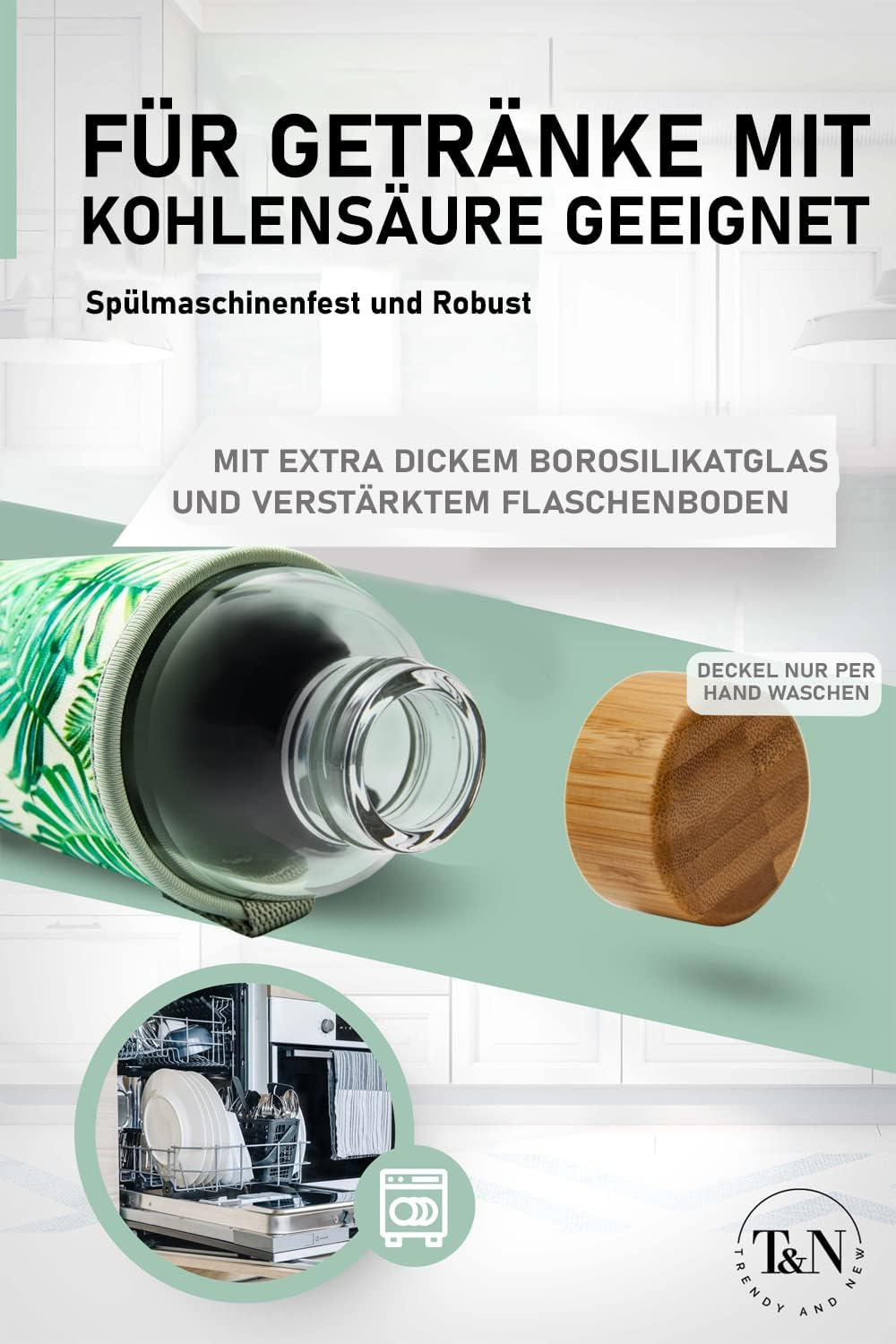 T&amp;N Glasflasche 1 Liter / 750ml / 500ml – Trinkflasche Glas 1l mit Neoprenhülle – Wasserflasche Ausl
