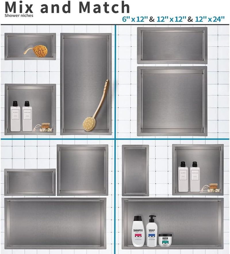Skelang Badezimmer-Regal, Dusche, Einbau-Dusche, Edelstahl, 15 × 30 cm, Masse des Wandlochs: 13 × 28