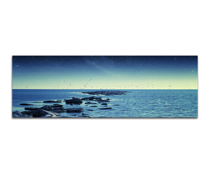 Paul Sinus Art Panoramabild auf Leinwand und Keilrahmen 150x50cm Meer Steine Vögel Morgengrauen Ster