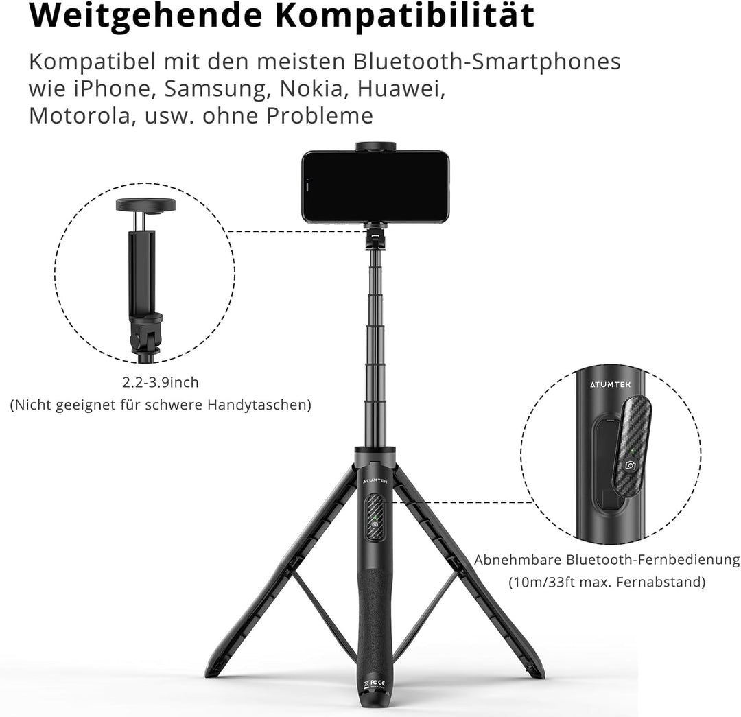 ATUMTEK 130CM Selfie Stick Stativ, Bluetooth Selfie Stick mit Hochbelastbarem Aluminium und Rutschfe