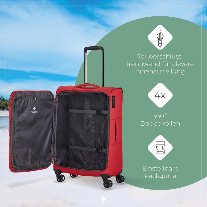 travelite 4-Rad Koffer Grösse M Weichschale, Gepäck Serie CHIOS mit Dehnfalte + Kantenschutz, Trolle