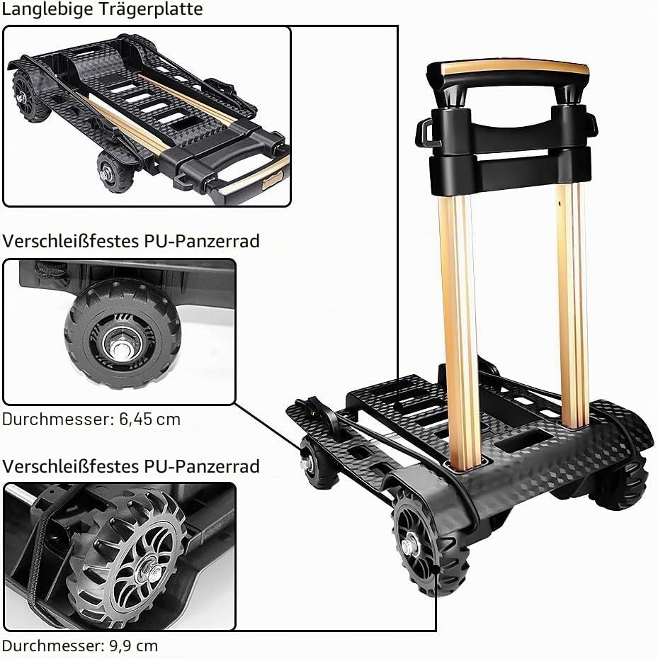 Faltbarer Handwagen, geräuschlose, verschleissfeste PU-Tankräder und einstellbare Aluminium-Deichsel