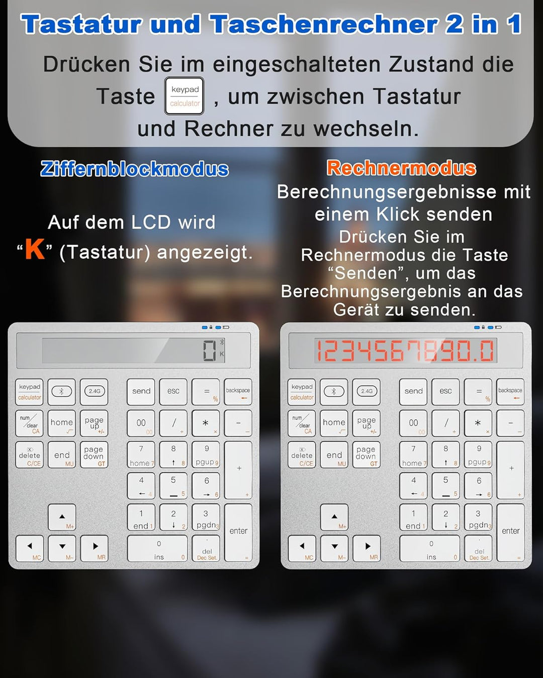Numpad Bluetooth - Dual Mode Ziffernblock Kabellos Bluetooth & 2,4G mit Taschenrechner, 34 Tasten Ka