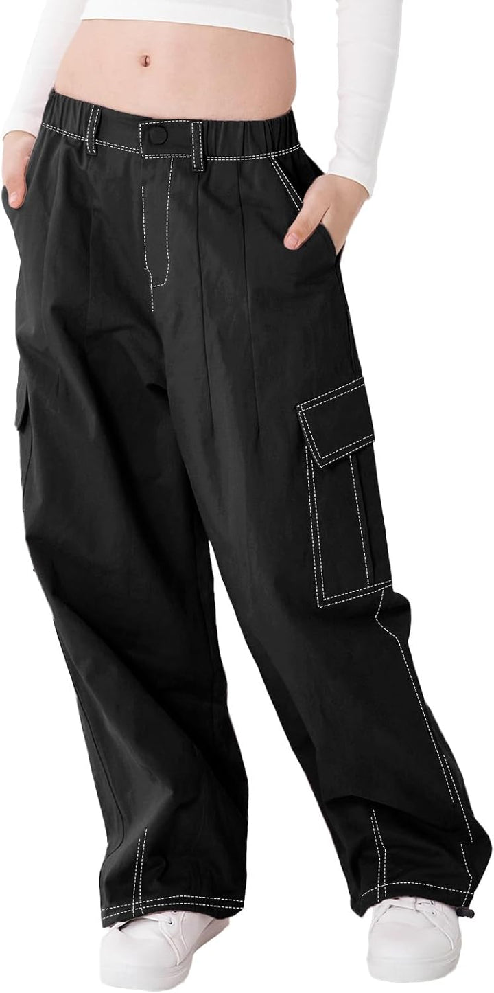 Rolanko Mädchen Cargohose, Baumwoll Baggy Hose mit Elastischer Taille und Mehreren Taschen für Kinde