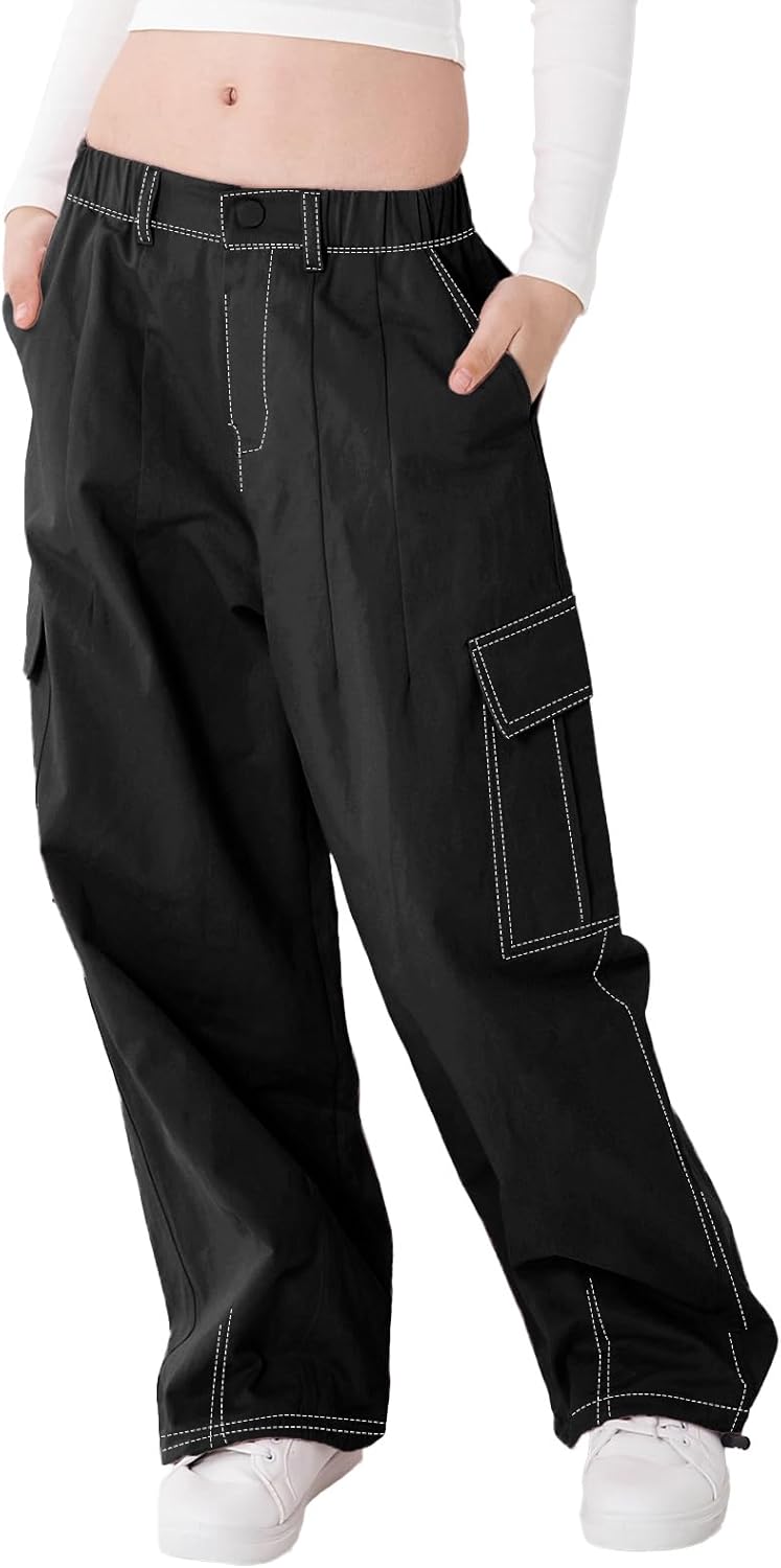 Rolanko Mädchen Cargohose, Baumwoll Baggy Hose mit Elastischer Taille und Mehreren Taschen für Kinde