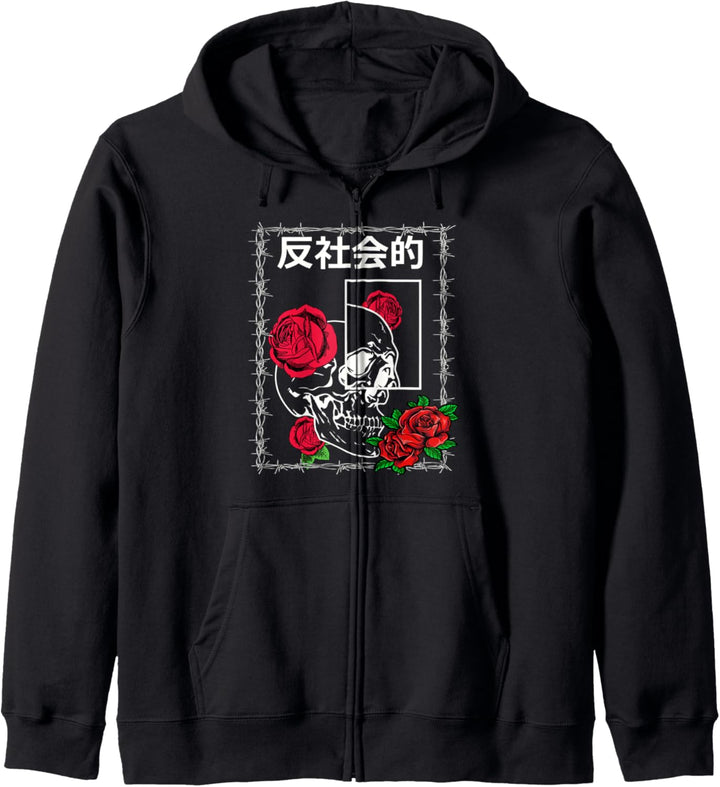 Schlechte Einstellungen Schädel mit Rosen Japanese Aesthetic Kapuzenjacke