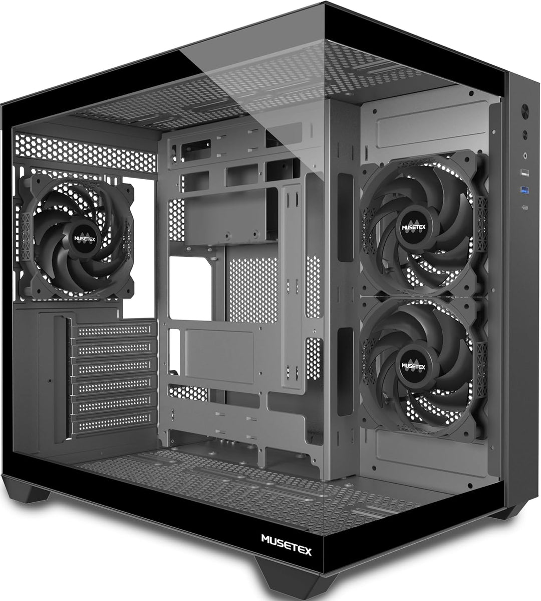 MUSETEX PC Gehäuse ATX, 3 Non-LED Lüfter vorinstalliert Gaming PC Gehäuse, 270° Full-View Tempered G