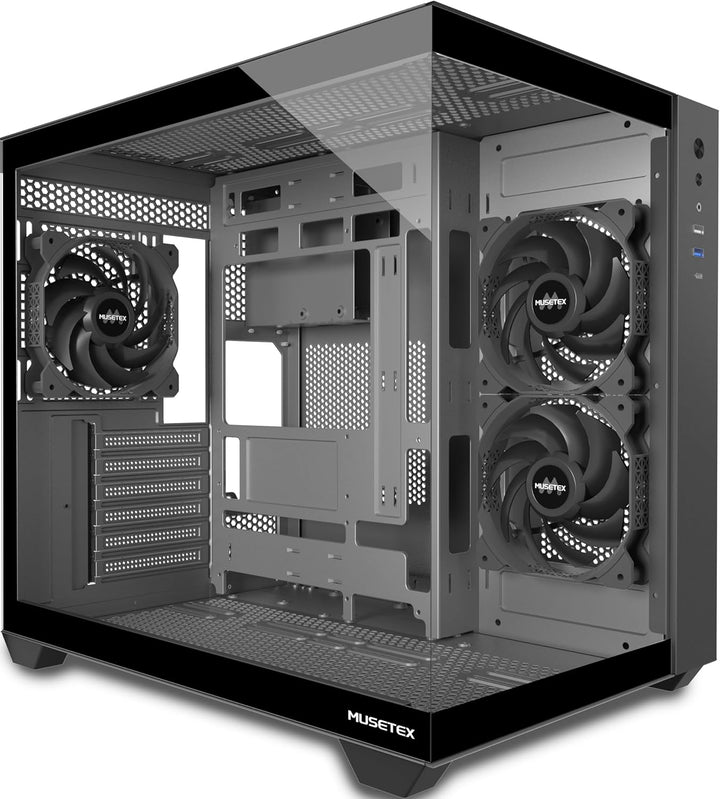 MUSETEX PC Gehäuse ATX, 3 Non-LED Lüfter vorinstalliert Gaming PC Gehäuse, 270° Full-View Tempered G