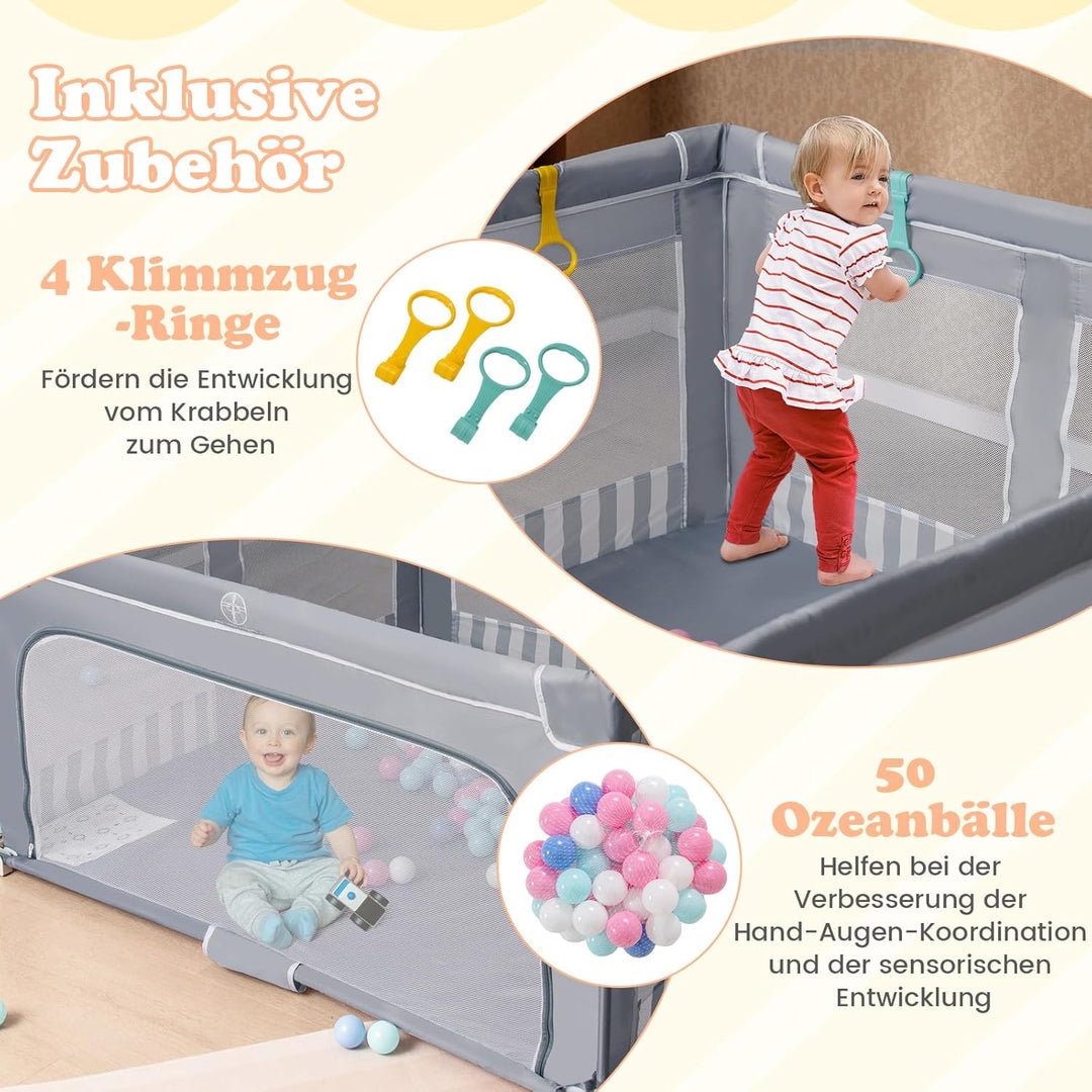 GOPLUS 150 x 150cm Laufstall Babys, Laufgitter faltbar mit 50 bunten Bällen, 4 Griffen &amp; Tragetasche