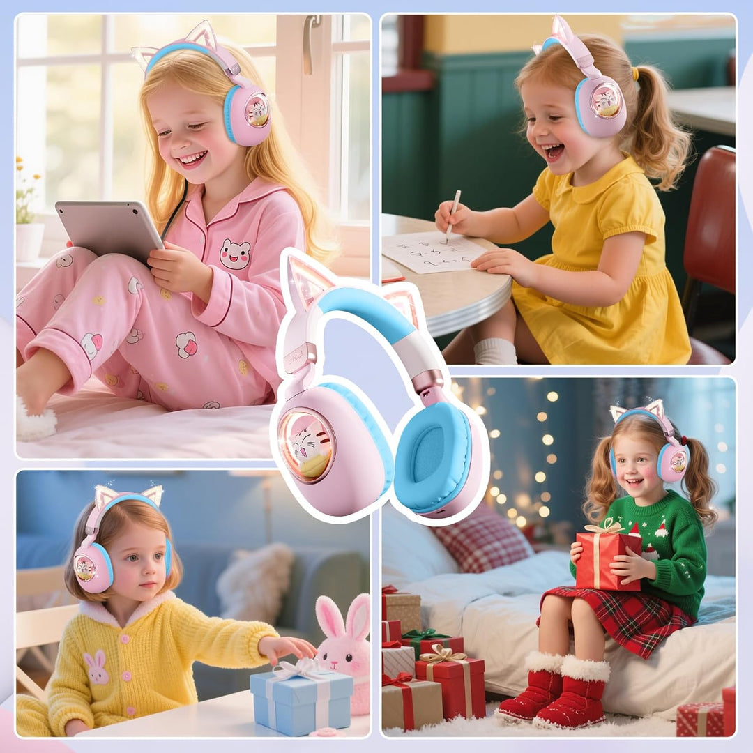 Kinder Kopfhörer mit Katzenohren, Bluetooth 5.4 Over-Ear Noise Cancelling Kopfhörer mit Mikrofon, LE