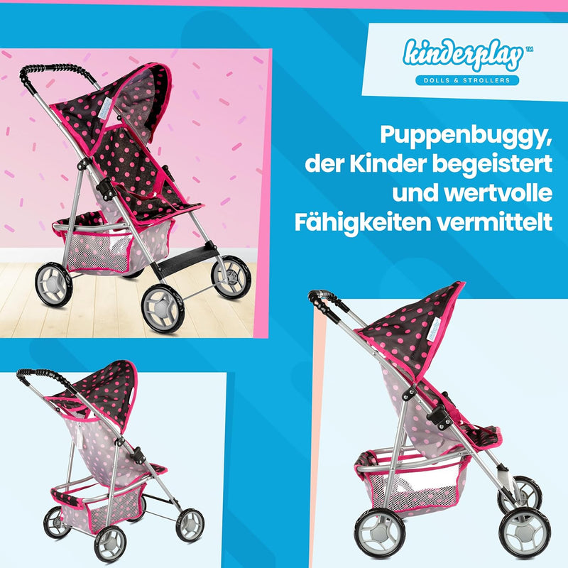 Kinderplay Puppenwagen, Puppenbuggy ab 3 Jahre - Puppen Buggy Puppe mit Anschnallgurt und Einkaufsne