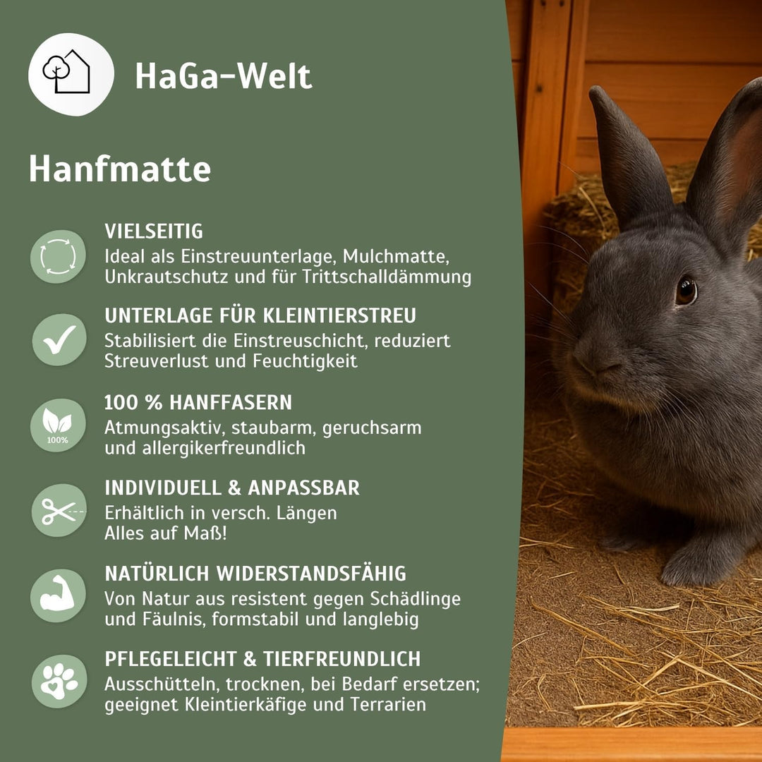 HaGa® Hanfmatte 500 g/m² in 0,65m x 20m | Nachhaltige Einstreu Unterlage für Kleintierheim | Atmungs