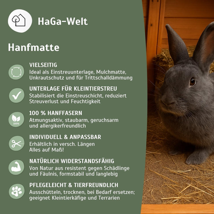 HaGa® Hanfmatte 500 g/m² in 0,65m x 20m | Nachhaltige Einstreu Unterlage für Kleintierheim | Atmungs