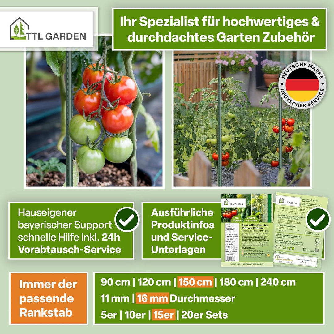 TTL GARDEN Rankstäbe 15er Set 150cm x 16mm Ø grün - extra stabil & rostfrei | 16mm Rankhilfe Pflanzs