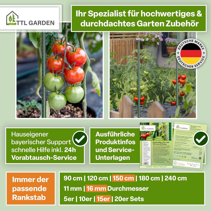 TTL GARDEN Rankstäbe 15er Set 150cm x 16mm Ø grün - extra stabil & rostfrei | 16mm Rankhilfe Pflanzs