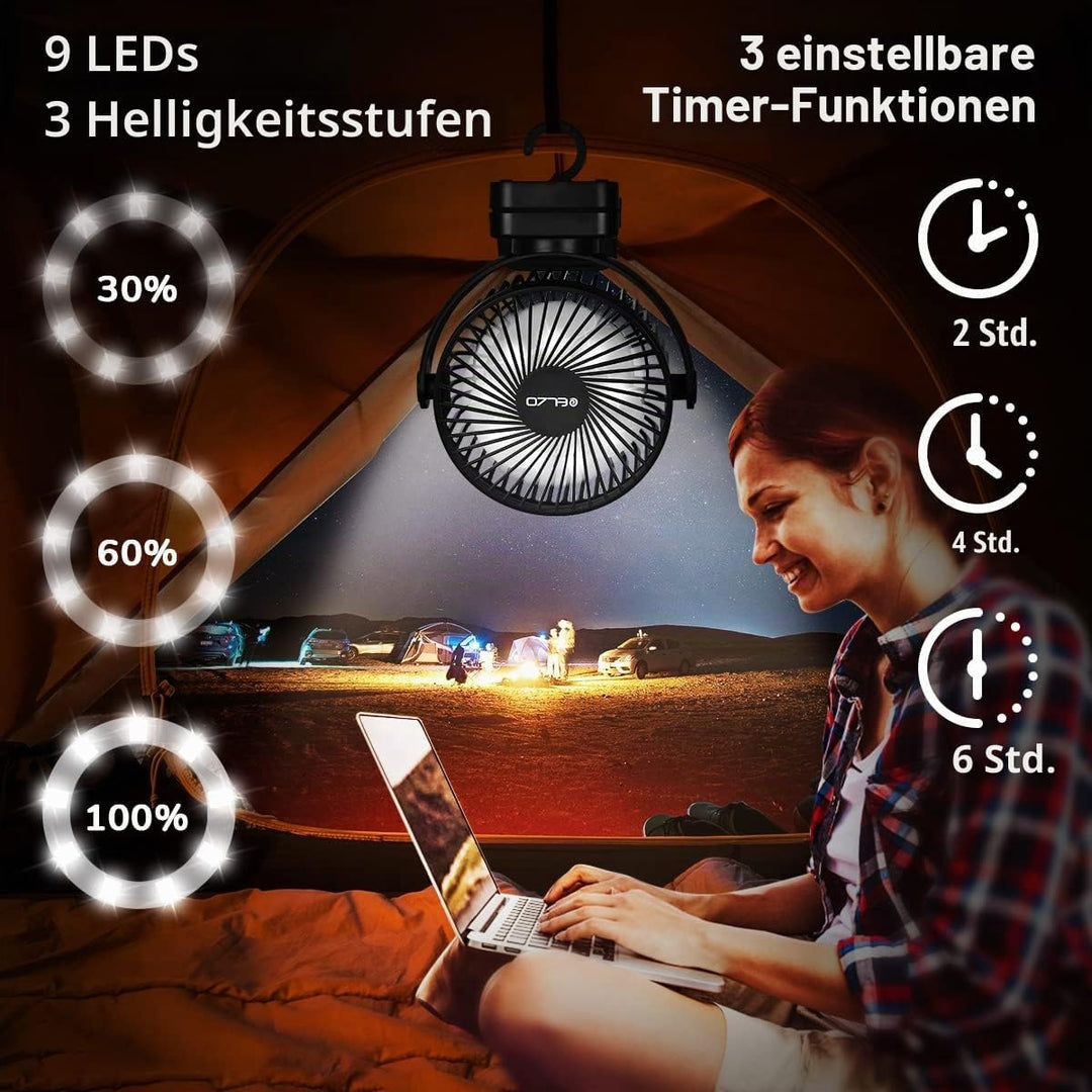 ELZO 12000mAh Camping Ventilator, Wiederaufladbarer Tischventilator USB Mini Ventilator mit LED Lich