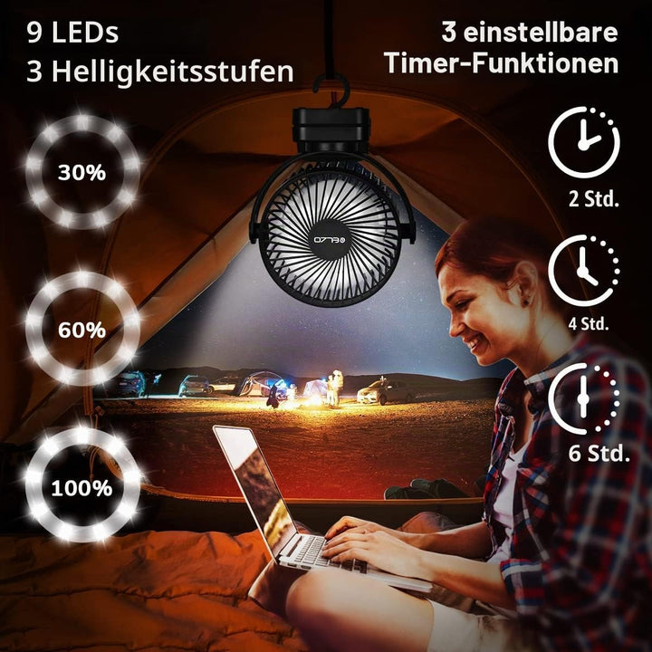 ELZO 12000mAh Camping Ventilator, Wiederaufladbarer Tischventilator USB Mini Ventilator mit LED Lich