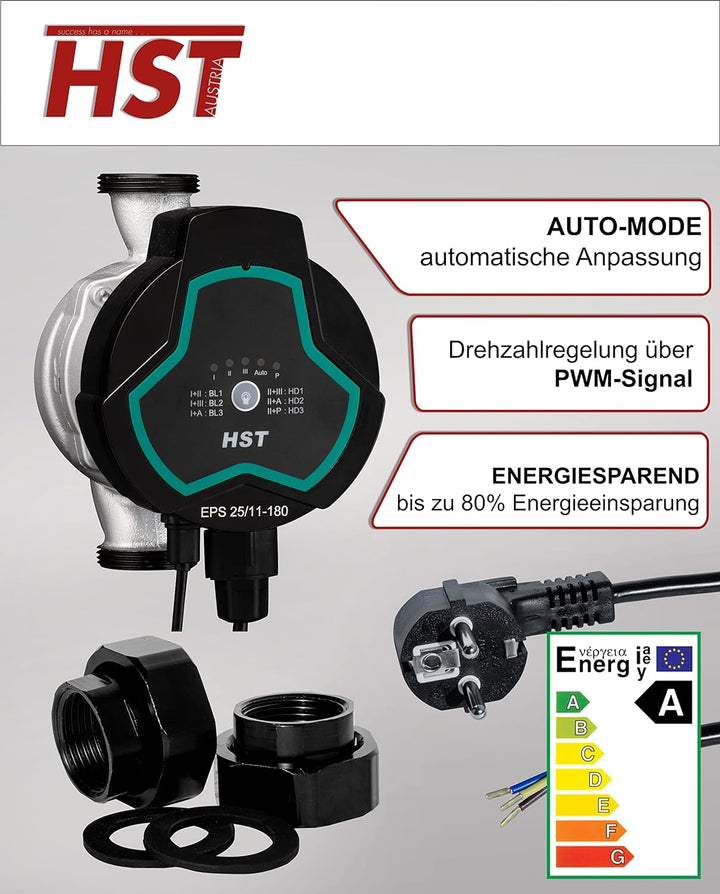 HST | Hocheffiziente Heizungspumpe | Umwälzpumpe | HST EPS 25-110/180 mm | Förderhöhe 11 Meter | Dre