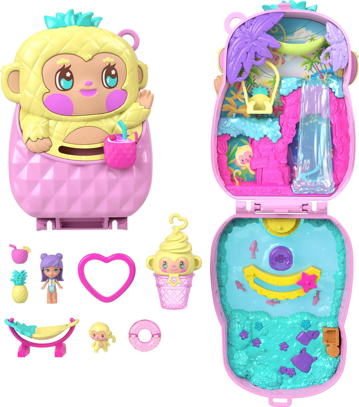 Polly Pocket Puppen und Spielset, Ananas-Äffchen-Schatulle, Reisespielzeug mit 1 Mikropuppe, Haustie