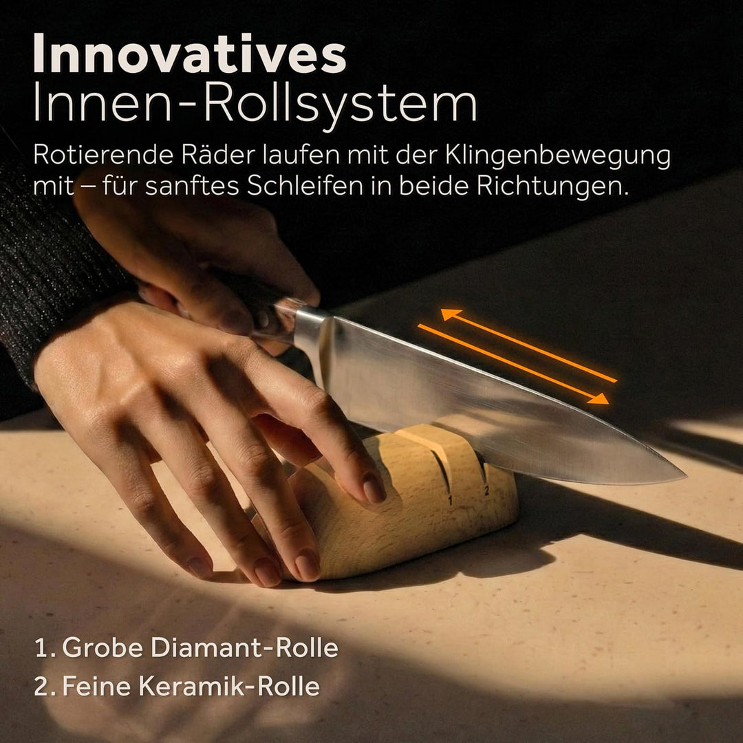 ZWIEGER Manueller Messerschärfer mit Rollen-Technologie – Set mit Wellenschliff- & Allzweckmesser in