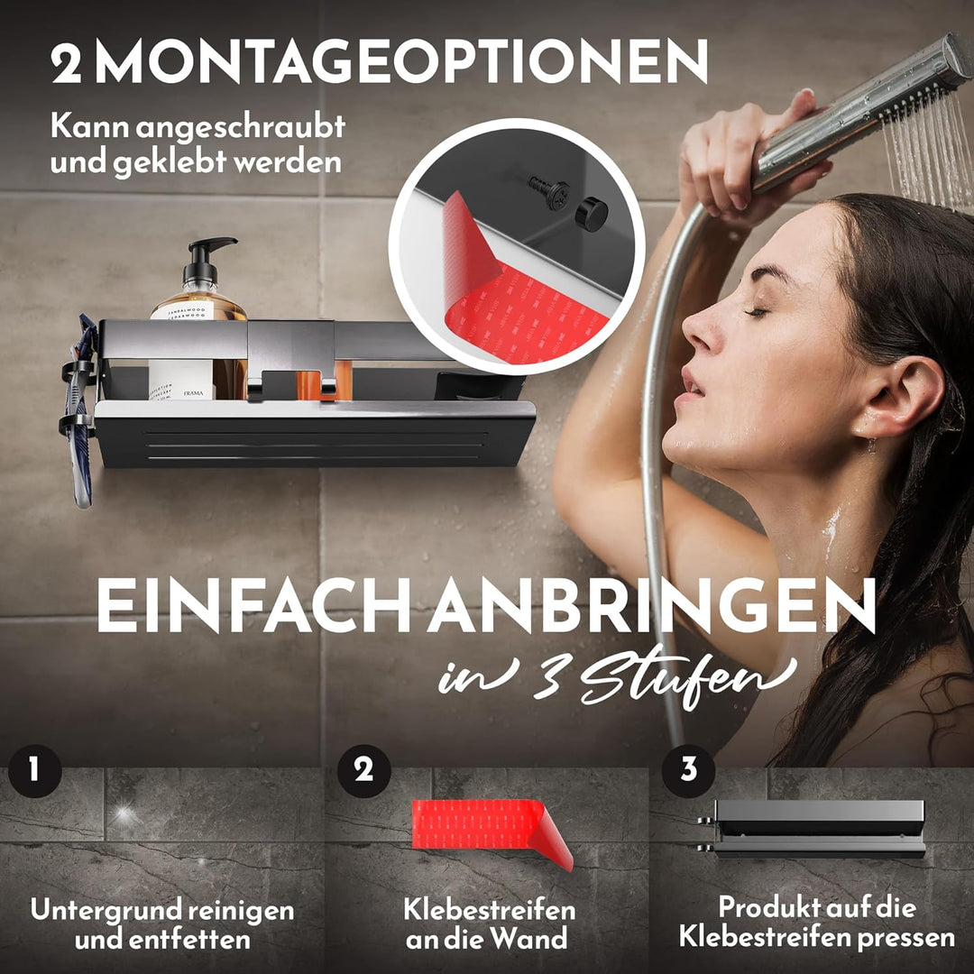 HENAL Duschablage SET 5 in 1, Edelstahl-Duschablage schwarz matt ohne bohren, Duschregal inklusive R