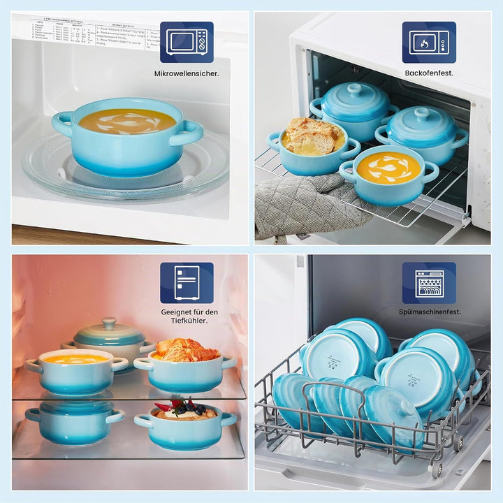 LOVECASA Kleine Auflaufform aus Steinzeug, 4 x 380 ml Mini-Cocotte mit Deckel, Souffle Förmchen Back