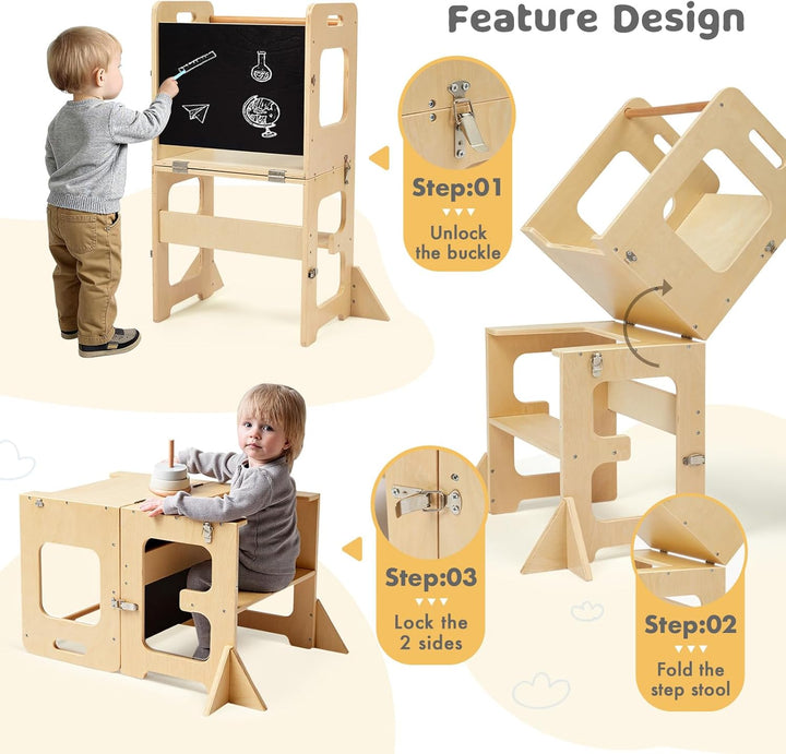Labebe Lernturm für Kinder, Faltbarer Montessori Learning Tower, 3 in 1 Tritthocker Lernstuhl Kinder