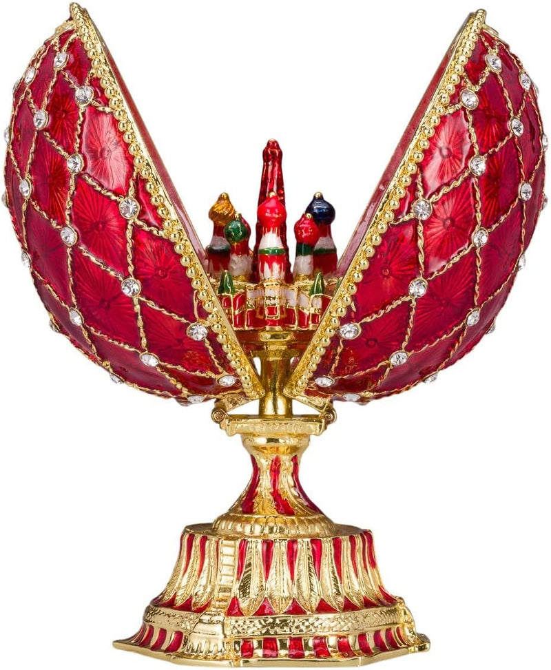 Danila-Souvenirs Fabergé-Stil Ei mit Basilius-Kathedrale 12 cm rot