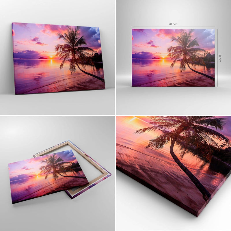 Bilder auf Leinwand Strand Meer Palme Leinwandbild mit Rahmen 70x50cm Wandbilder Dekoration Wohnzimm