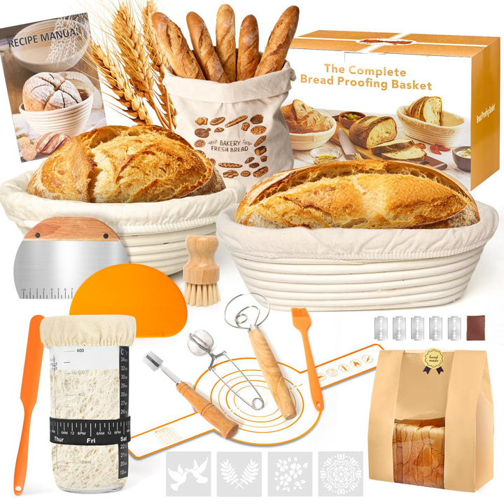 Gärkörbchen Für Sauerteig Starter Set, Gärkorb (23cm rund & 25cm oval),100% natürlichem Rattan, inkl