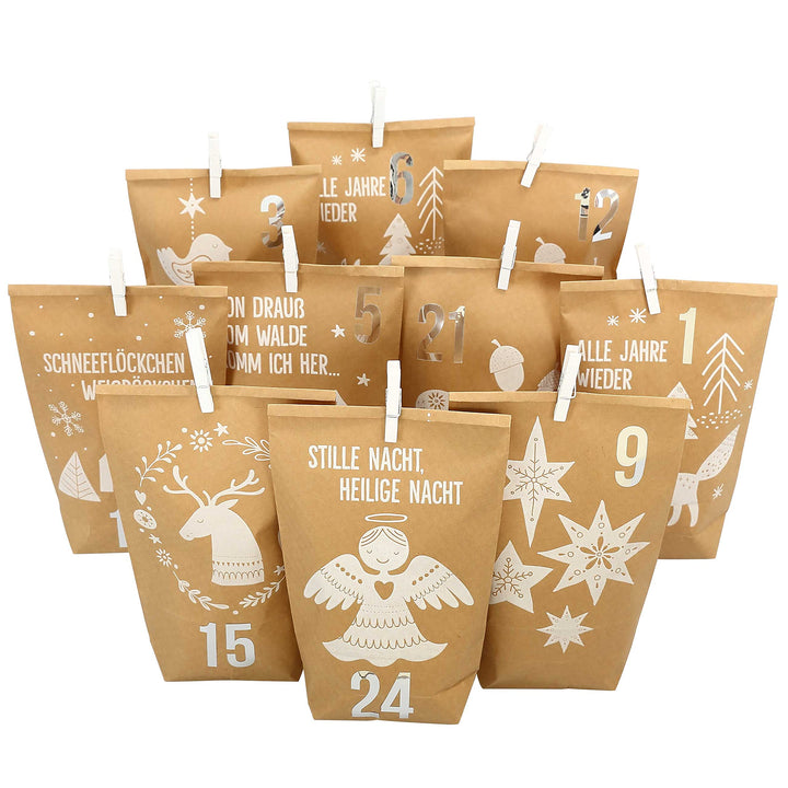 Papierdrachen Adventskalender 2025 zum Befüllen - 24 braune Papiertüten mit Zahlenaufklebern - Motiv