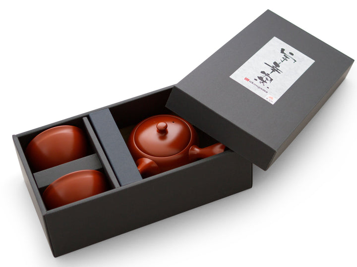 Original japanische Teekanne, Kyusu, mit 2 Becher: Shudei Kyogata. Integriertes Tee-Sieb aus Edelsta