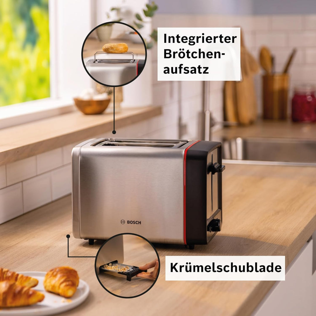 Bosch Kompakt Toaster MyMoment TAT6M420, entnehmbarer klappbarer Brötchenaufsatz, mit Auftaufunktion