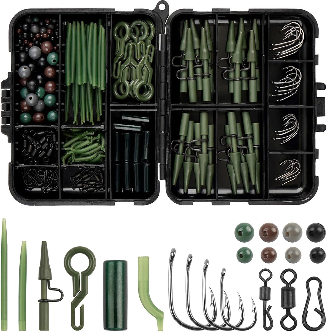 JSHANMEI Sortiment Karpfenangel-Box Kit inkl. Schnellwechselwirbel Karpfenhaken Perlen Rig Tubes Lea
