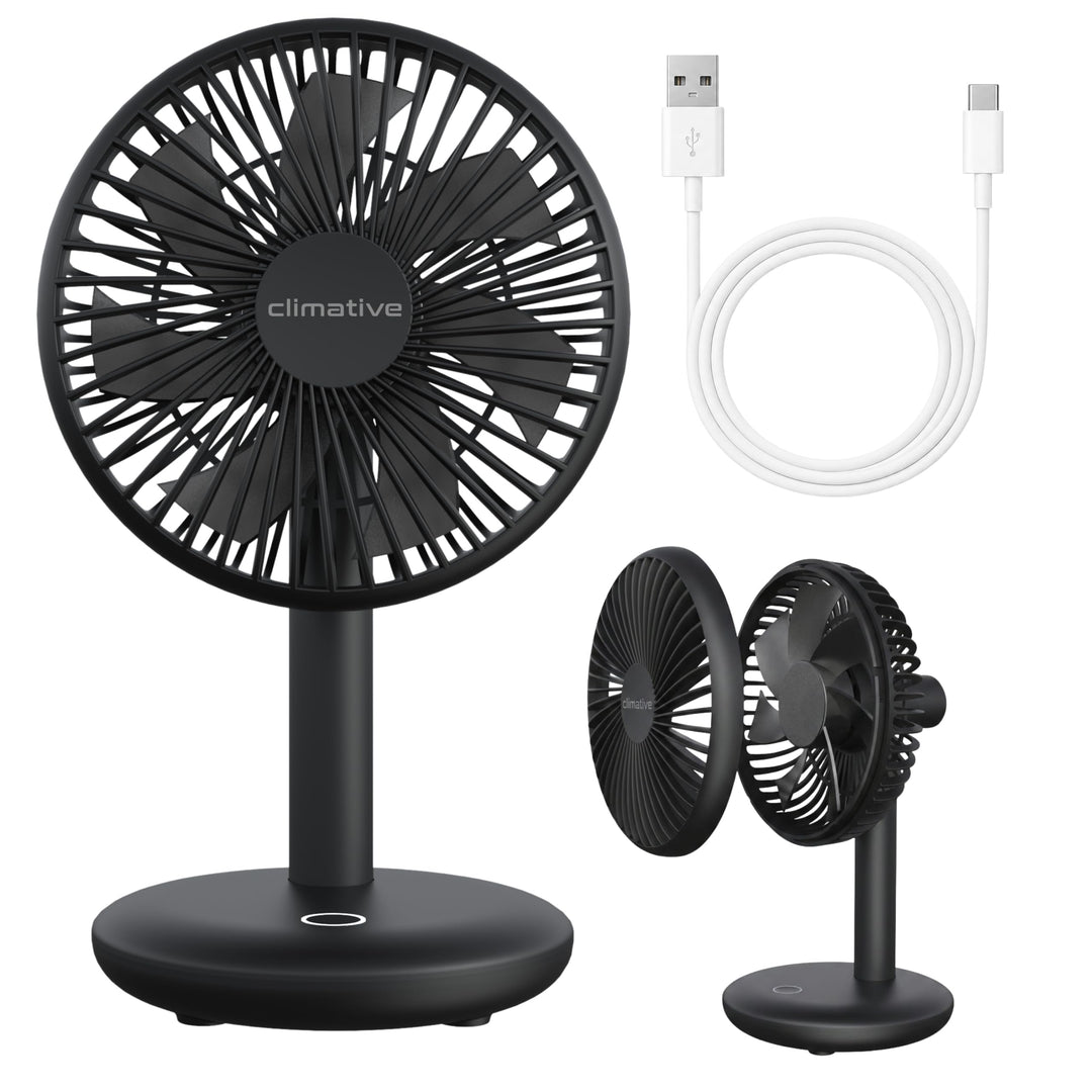 Tischventilator sehr leise - 7-Flügel USB Ventilator Akku 2000 mAh, Ø 14cm, 4 Modi, Naturwind, Bürst