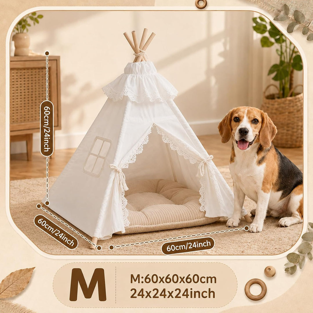 Tipi Zelt für Hunde und Katzen 40x40x50cm, 5-Eckiges Kiefernholz Haustierzelt mit Doppelseitigem Kis