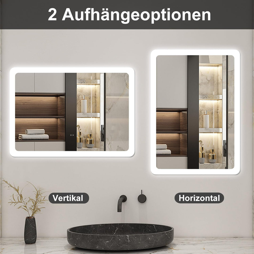 Badspiegel mit Beleuchtung 70x50cm Sensor-Schalter Beschlagfrei Kaltweiss dimmbar Memory-Funktion LE