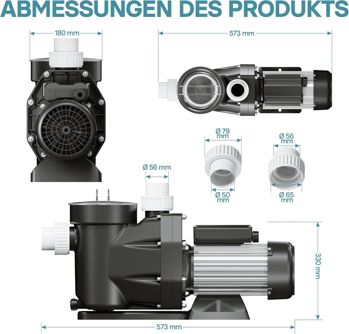 WilTec Poolpumpe 19200 l/h 750 W Schwimmbadpumpe Filterpumpe