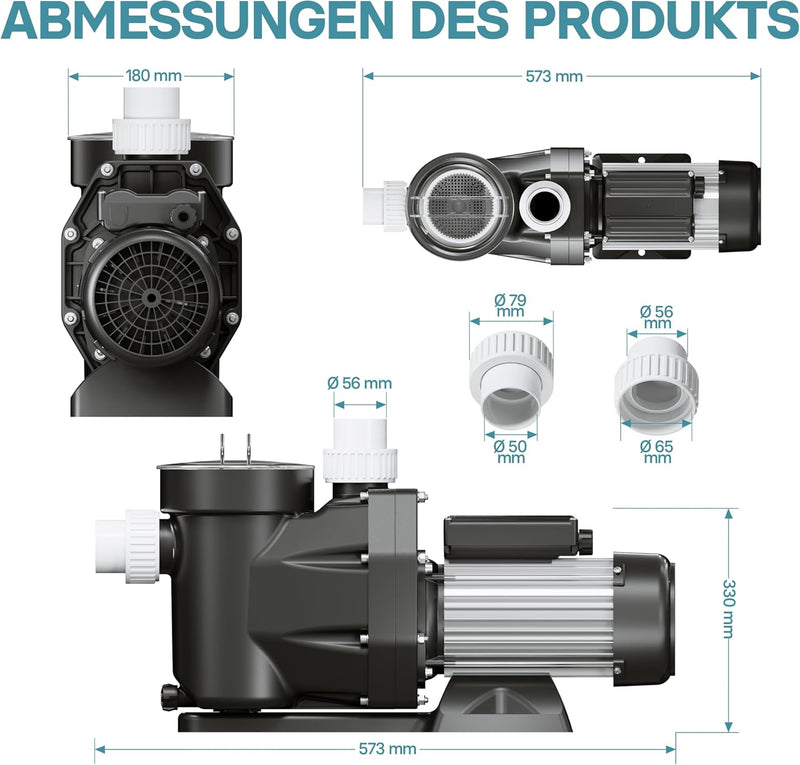 WilTec Poolpumpe 19200 l/h 750 W Schwimmbadpumpe Filterpumpe