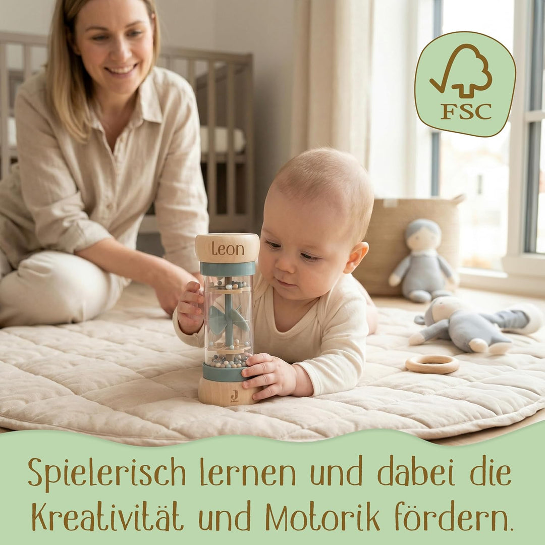 Regenmacher personalisiert mit Name – FSC Holz Baby Rassel ab 3 Monate – Geschenk zur Geburt, Taufe,