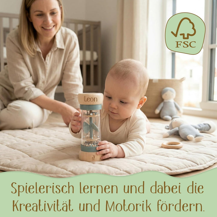 Regenmacher personalisiert mit Name – FSC Holz Baby Rassel ab 3 Monate – Geschenk zur Geburt, Taufe,