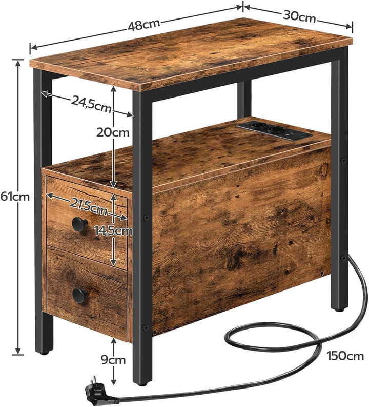 HOOBRO Beistelltisch mit Ladestation, Sofatisch mit 2 Schubladen und USB-Anschluss und Steckdose, Na