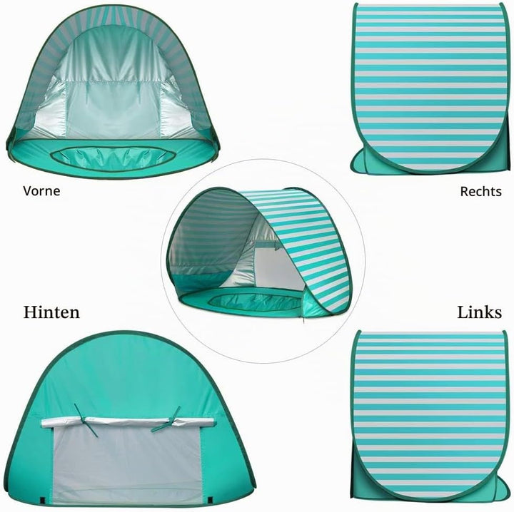 Baby Strandmuschel Pop Up Sonnenschutz Strand mit Minipool, Strandzelt UV Schutz, Atmungsaktiv Porta