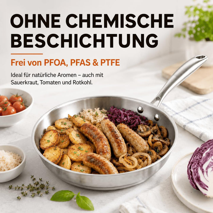 DELARLO Edelstahlpfanne Unbeschichtet 28 cm mit Deckel | 7 mm 3‑lagiger Boden, Induktionsgeeignet, B