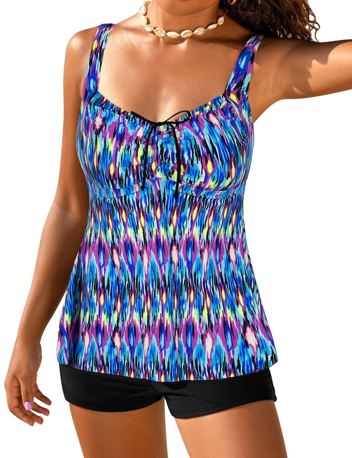 Hilor Damen Retro-Kordelzug mit rüschen besetzten Halter floral Tankini Set Two Badeanzug 24 blau po