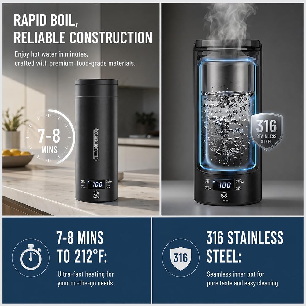Elektrischer Reisewasserkocher Klein 500ML, Mini Wasserkocher zum Anschliessen, Wasserkocher Tragbar